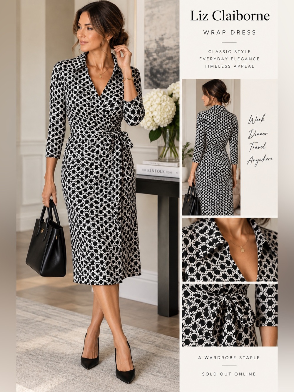 Liz Claiborne Black White Geometric Wrap Midi Dress Size XL